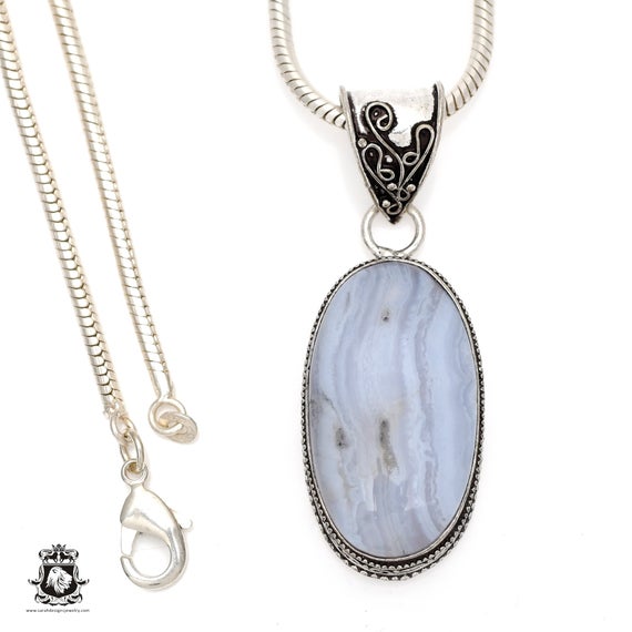 Namibian Blue Lace Agate Pendant & Free 3mm Italian 925 Sterling Silver Chainv556