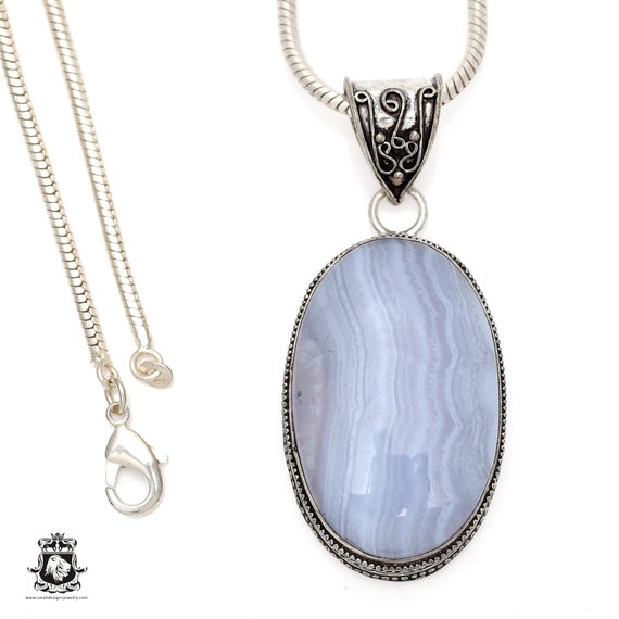 Namibian Blue Lace Agate Pendant & Free 3mm Italian 925 Sterling Silver Chain V555