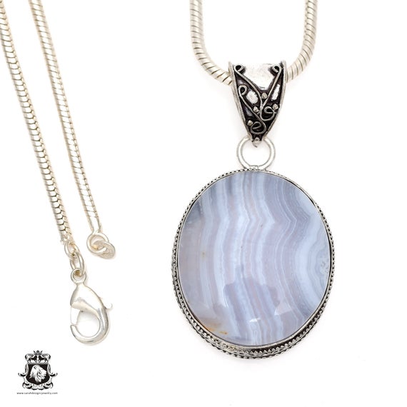 Namibian Blue Lace Agate Pendant & Free 3mm Italian 925 Sterling Silver Chain V554