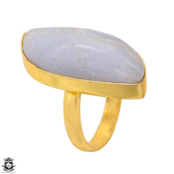 Size 9.5 - Size 11 Blue Lace Agate Ring Meditation Ring 24k Gold Ring Gpr1699