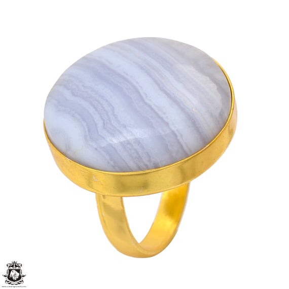 Size 9.5 - Size 11 Blue Lace Agate Ring Meditation Ring 24k Gold Ring Gpr1698