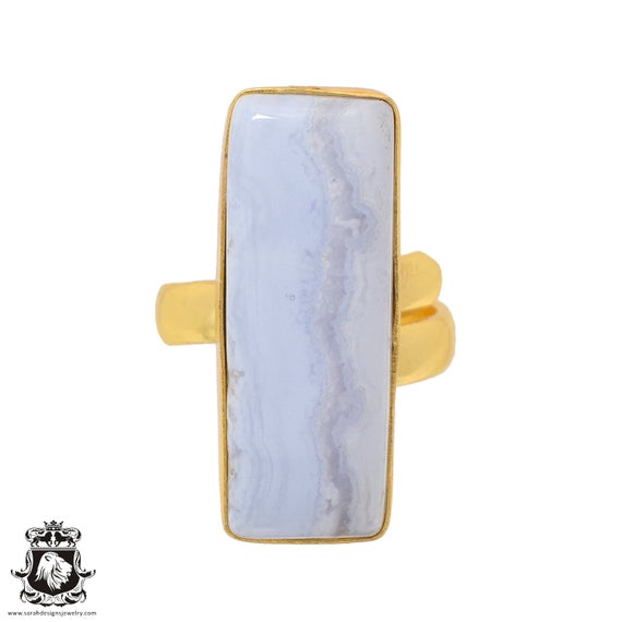 Size 6.5 - Size 8 Blue Lace Agate Ring Meditation Ring 24k Gold Ring Gpr929