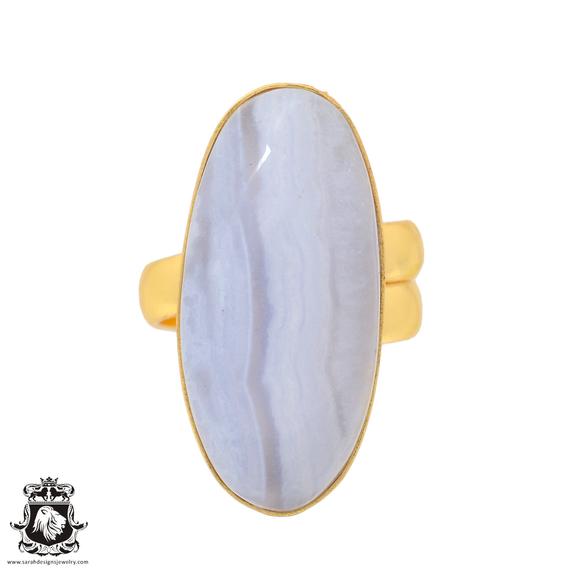Size 6.5 - Size 8 Blue Lace Agate Ring Meditation Ring 24k Gold Ring Gpr928