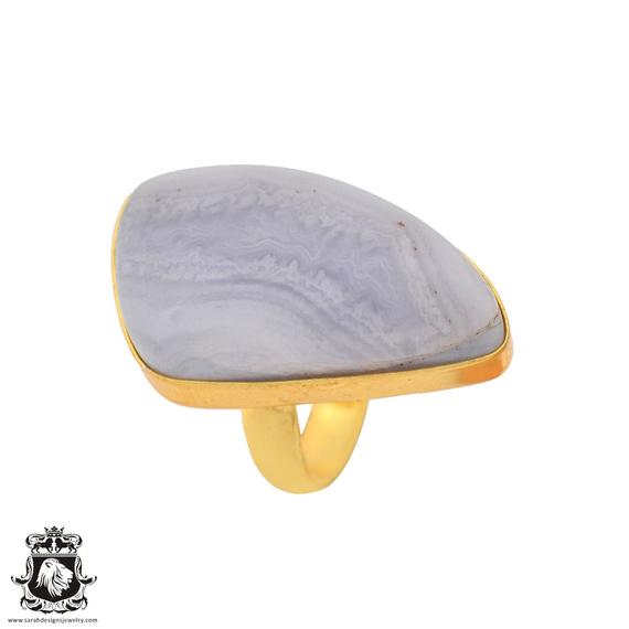 Size 7.5 - Size 9 Blue Lace Agate Ring Meditation Ring 24k Gold Ring Gpr926