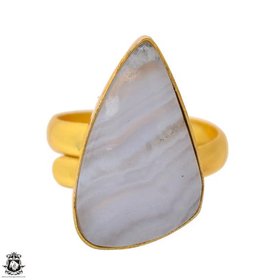 Size 9.5 - Size 11 Blue Lace Agate Ring Meditation Ring 24k Gold Ring Gpr1701