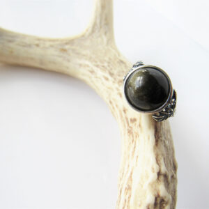 Branch ring with gemstone - golden obsidian, leaf ring women, men, adjustable, bohemian