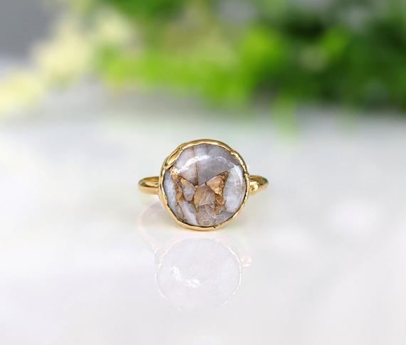 White Calcite Copper Ring, Statement Ring, Gold Cocktail Ring, Round Stone Ring, Gemstone Boho Ring, Mothers Day Gift, Birthday Gift For Her