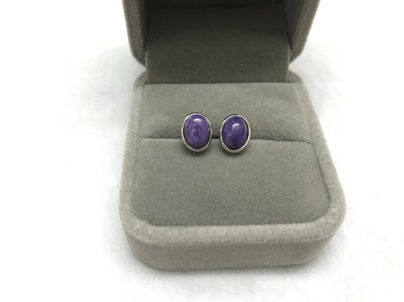 Natural 7x9mm Oval Purple Charoite Genuine Gemstone Stud Earrings ---1 Pair (2pcs)