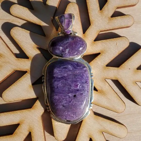 Charoite Stone Of Transformation Pendant, Italian Silver With Charoite And Amethyst Inlay, Healing Stone Necklace, Chakra Stone Pendant