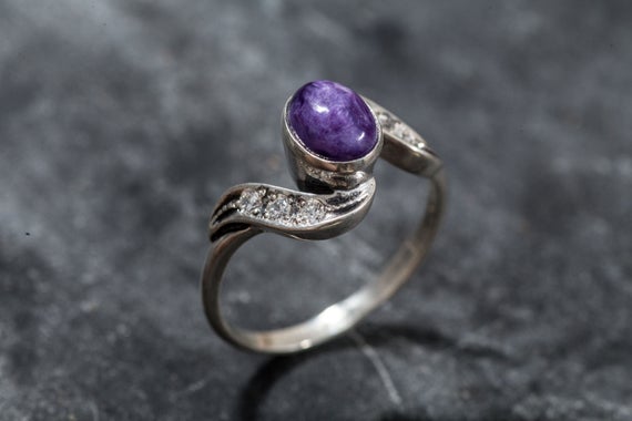 Charoite Ring, Vintage Ring, Natural Stone, Antique Ring, Purple Stone Ring, Purple Ring, Natural Charoite, Wavy Ring, Solid Silver Ring