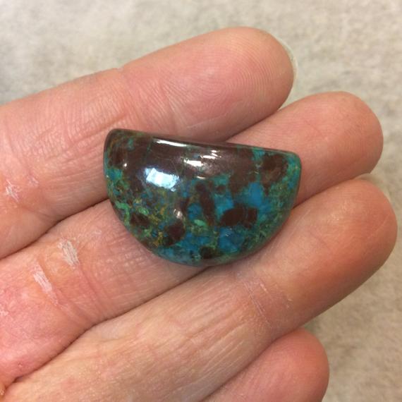 Ooak Chrysocolla Half Moon Shaped Flat Back Cabochon With "4" - Measuring 18mm X 28mm, 7mm Dome Height - Natural High Quality Gemstone