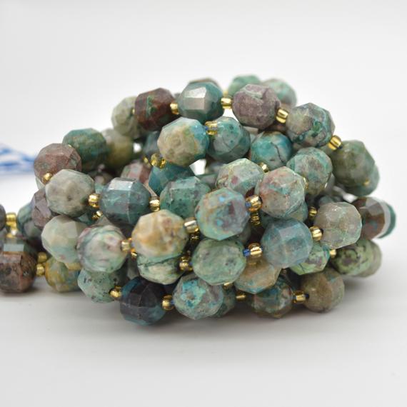 Grade A Natural Chrysocolla Semi-precious Gemstone Double Tip Faceted Round Beads - 9mm X 10mm - 15" Strand