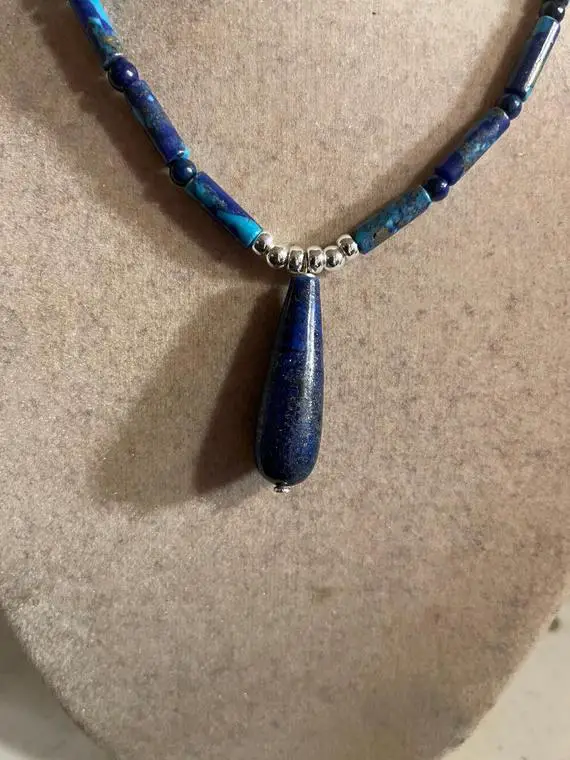 Chrysocolla Necklace - Blue Turquoise - Sterling Silver Jewelry - Gemstone Jewellery - Lapis Pendant - Beaded