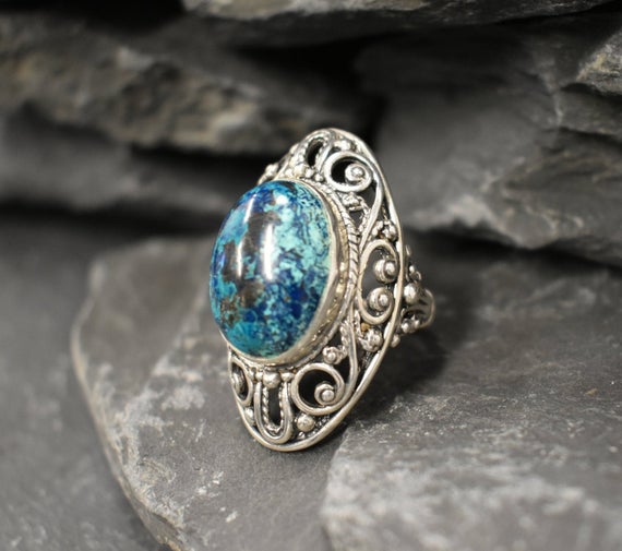 Blue Chrysocolla Ring, Natural Chrysocolla, Antique Ring, Long Statement Ring, Vintage Ring, Chunky Ring, Artistic Ring, Solid Silver Ring