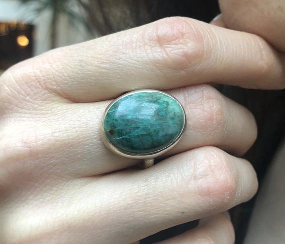 Large Oval Ring, Chrysocolla Ring, Natural Chrysocolla, Unique Ring, Vintage Blue Ring, 925 Sterling Silver, Statement Ring, Adina Stone