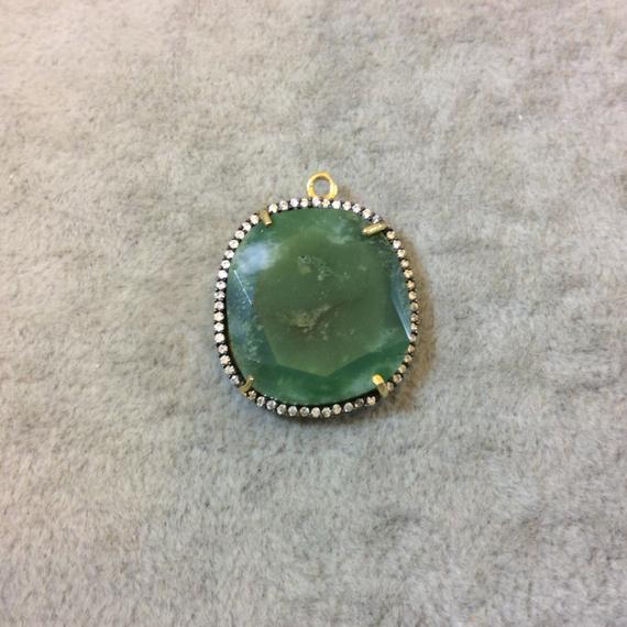 Gold Finish Faceted Cz Rimmed Chrysoprase Freeform Shaped Bezel Pendant Component - Measures 20mm X 22mm - Sold Individually