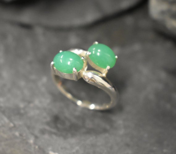 Green Bypass Ring, Natural Chrysoprase, Chrysoprase Ring, Two Stone Ring, Green Ring, Asymmetric Ring, Bypass Ring, Sterling Silver Ring
