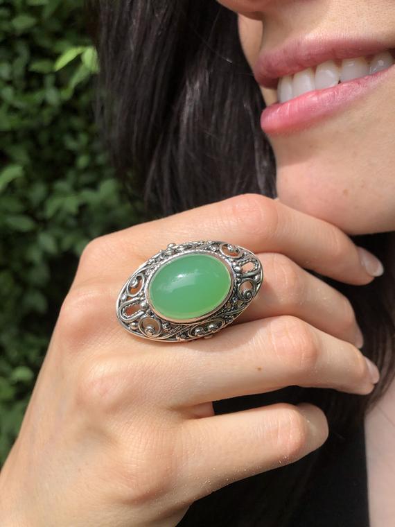 Chrysoprase Ring, Natural Chrysoprase Ring, May Birthstone Ring, Bohemian Ring, Green Vintage Ring, Artistic Silver Ring,  Rare By Adina
