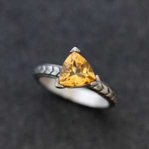 Shop Citrine Rings! Trillion Gemstone Ring in Sterling Silver | Triangle Cut Gemstone Ring with Chevron Pattern Band | Handmade Jewelry from New England | Natural genuine Citrine rings, simple unique handcrafted gemstone rings. #rings #jewelry #shopping #gift #handmade #fashion #style #affiliate #ad
