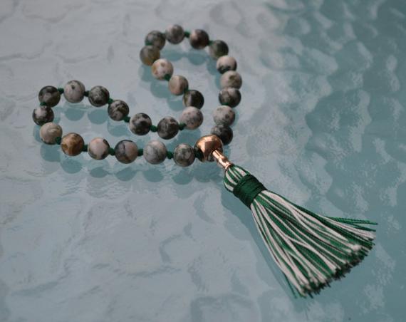 27+1 Green Tree Agate Beads Mala, Dendritic Agate Necklace Silver Mala Creates A Peaceful Environment, Achieving Goals Heart Chakra, Earthy