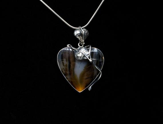 Dendritic Heart-shape Pendant // Dendritic Agate Jewelry // Sterling Silver // Village Silversmith