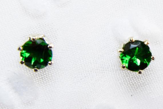 Chrome Diopside Earrings, Genuine Gemstones 5mm Round Studs, Set In 925 Sterling Silver Stud Earrings