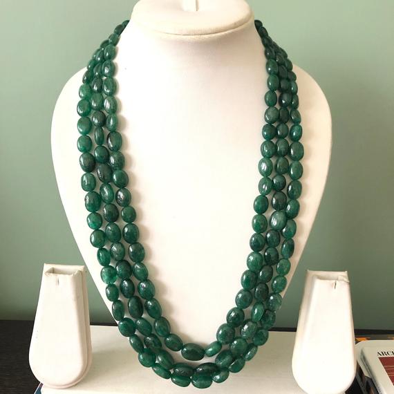 Multi Strand Dyed Beryl Color Emerald Necklace, Natural Beryl Emerald Oval Beads, 3 Strand Emerald Necklace, 10mm To 15mm Beads, Gds1755