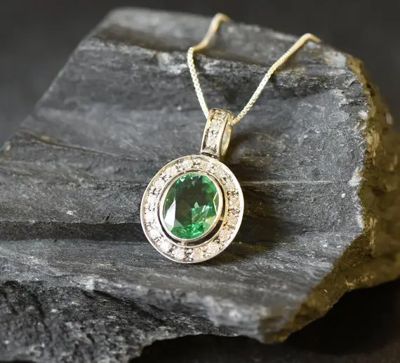 Emerald Pendant, Victorian Pendant, Created Mint Emerald, Vintage Pendant, Mint Emerald Necklace, Antique Necklace, Solid Silver Pendant