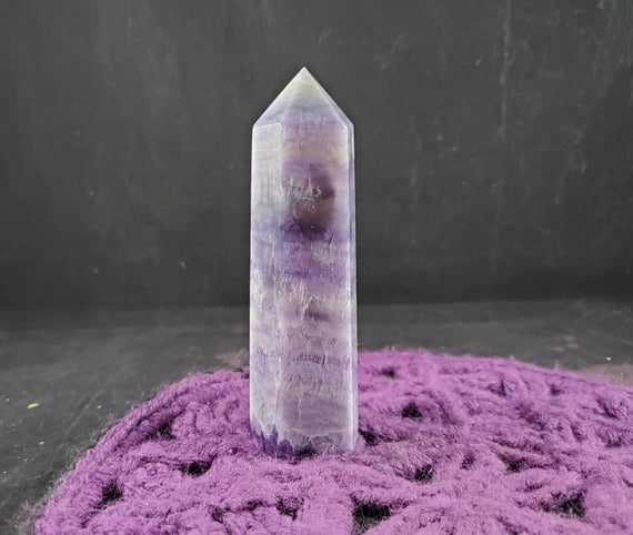 Silky Fluorite Polished Self Standing Crystal Dark Purple Velvet Fluorite Obelisk Generator Stones Crystals Purple Banded Tower