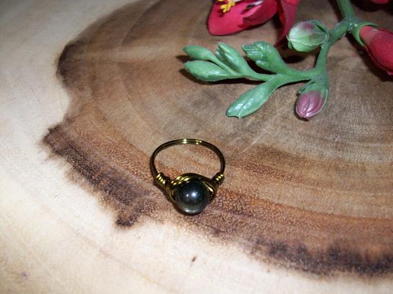 Golden Sheen Obsidian 8mm Antique Bronze Color Copper Wire Wrapped Ring Size 8