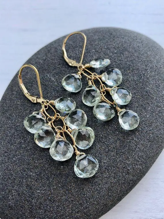 Green Amethyst Earrings, Mint Cluster Earrings, Prasiolite Dangle Drops, Neutral Elegant Earrings, Sage Green Statement Earrings For Her