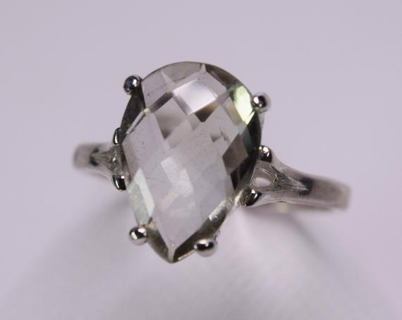 Prasiolite Ring, Genuine Gemstone, Green Amethyst, Green Quartz,  13x9mm Pear Shaped Checkboard Cut In 925 Sterling Silver Solitaire Ring