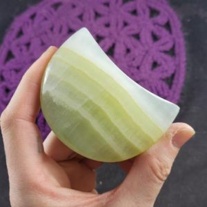 Pistachio Green Calcite Crescent Moon Carving Crystals Magick Stones New Find Starseed polished carved moonchild Banded pakistan