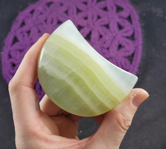 Pistachio Green Calcite Crescent Moon Carving Crystals Magick Stones New Find Starseed Polished Carved Moonchild Banded Pakistan