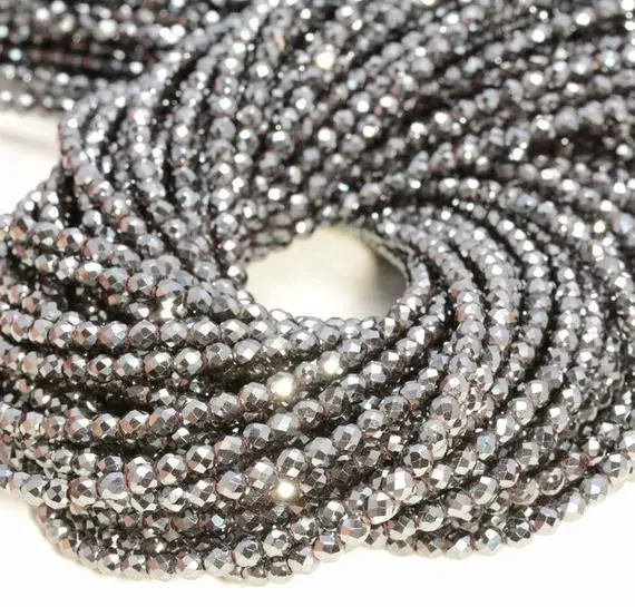 2mm Hematite Gemstone Black Grade Aaa Micro Faceted Round Beads 15.5 Inch Full Strand (80007437-a261)
