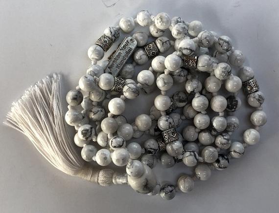 Calming White Howlite Knotted Mala Beads Necklace - Balances Calcium, Relieves Stress, Insomnia, Absorbs Anger, Statement Minimalist Marble