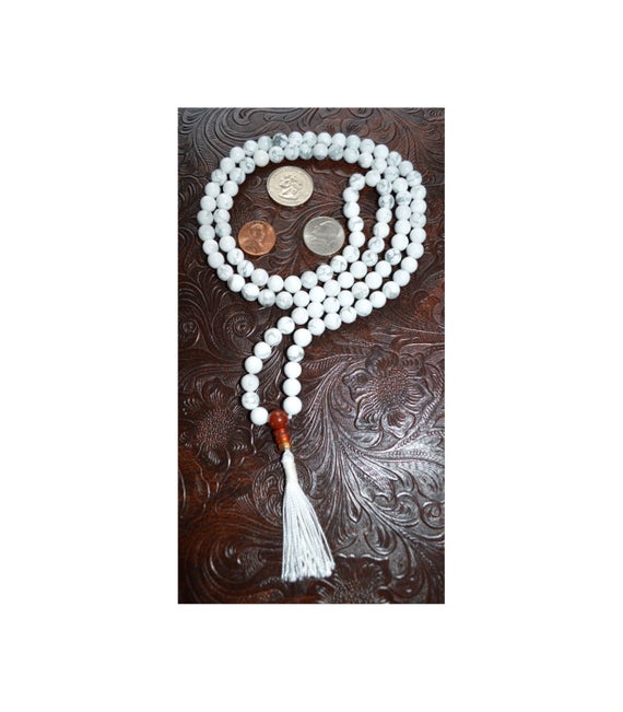 Howlite Mala Necklace Calming Howlite Mala 108 Beads, Mala Tassel Necklace, Beaded 108 Gemstone Necklace, Yoga Beads Necklace Gift For Her