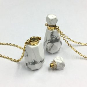 Shop Howlite Jewelry! Faceted Howlite Perfume Bottle Necklace Essential Oil Diffuser Bottle Perfume Necklace Pendant Charm Opalite Crystal Scent Bottle | Natural genuine Howlite jewelry. Buy crystal jewelry, handmade handcrafted artisan jewelry for women.  Unique handmade gift ideas. #jewelry #beadedjewelry #beadedjewelry #gift #shopping #handmadejewelry #fashion #style #product #jewelry #affiliate #ad
