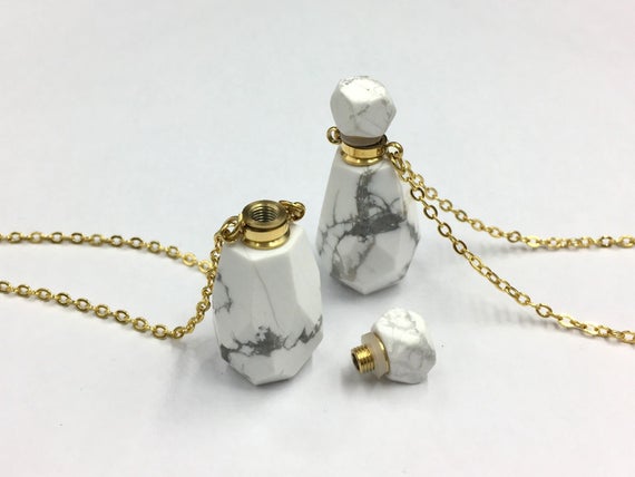 Faceted Howlite Perfume Bottle Necklace Essential Oil Diffuser Bottle Perfume Necklace Pendant Charm Opalite Crystal Scent Bottle