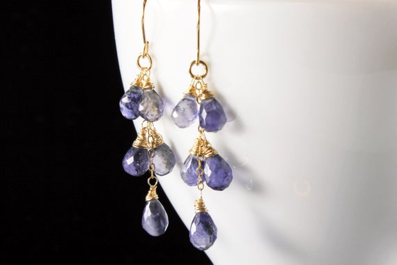 Iolite Gold Filled Earrings Wire Wrapped Natural Violet Blue Gemstone Cluster Boho Chic Statement Drops September Birthstone Gift Her 3257