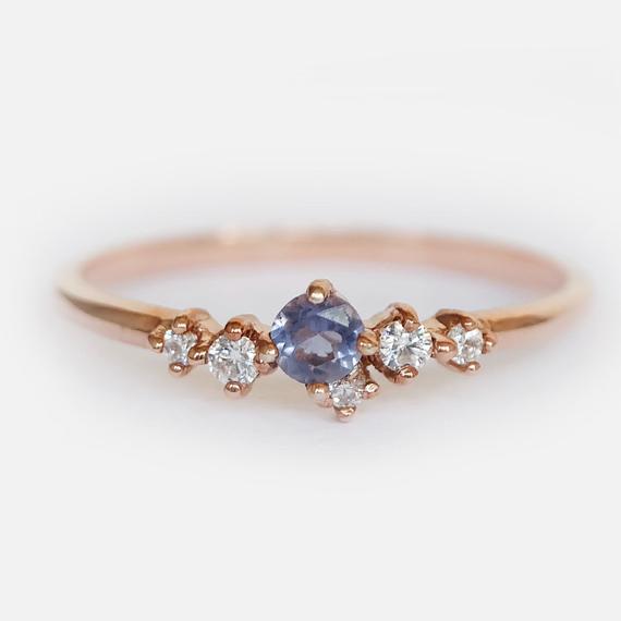 Iolite Diamond Ring, Unique Ring, Dainty Iolite Ring, Sapphire Ring, Iolite Ring, 14k Gold Iolite Ring, Rose Gold Ring, Cluster Ring, Iolite