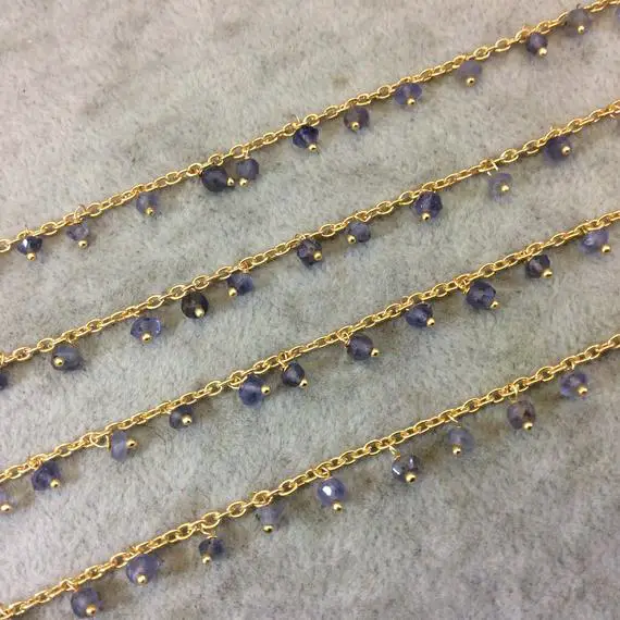 Gold Plated Copper Spaced Single Dangle Wrapped Chain With 3-4mm Indigo Iolite Rondelle Dangles - Sold By 1 Foot Length! (sd019-gd)