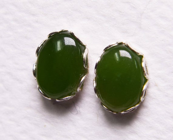 Nephrite Jade Studs, Jade Earrings, Genuine Nephrite Jade Gemstones 8x6mm Ovals Cabochon Cut, Set In 925 Sterling Silver Stud Earrings