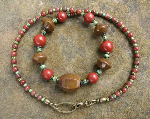Rustic Jasper Necklace, Chunky Jasper And Seed Bead Statement Jewelry In Tan, Red-orange, Turquoise Green