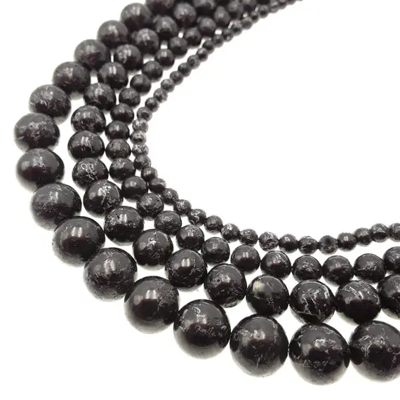 Black Jet Pyrite Inclusion Smooth Round Beads 4mm 6mm 8mm 10mm 15.5" Strand