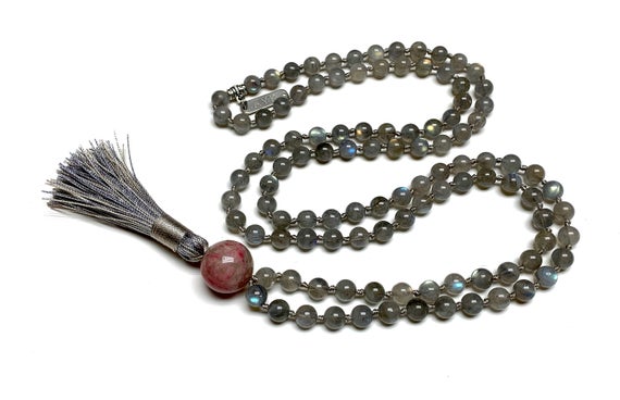 Natural Aaaaa Grade Labradorite Hand Knotted Mala Beads Necklace  Blessed Energized Karma Nirvana Meditation 108 Prayer Bea Healing Crystals