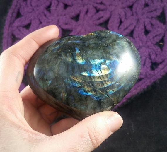 Large Labradorite Heart Crystal Stones Crystals Flash Flashy Orange Yellow Blue Green Carving Carved Shape Rock