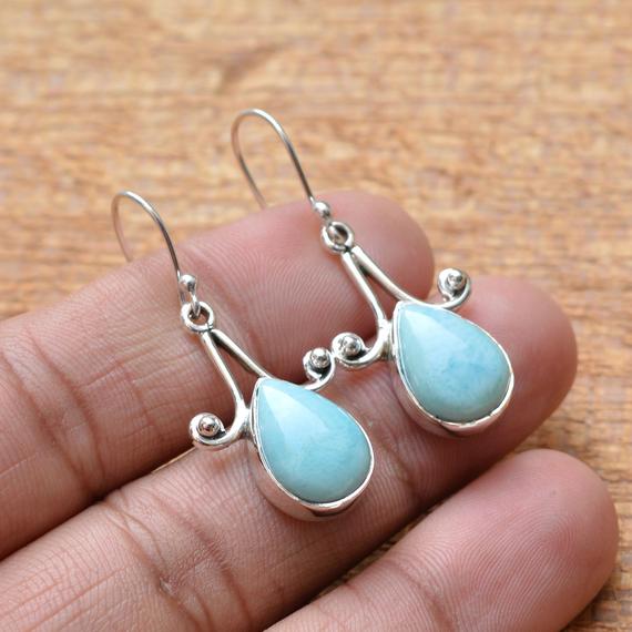Natural Larimar Earrings, Sterling Silver Earrings, Larimar 10x14mm Pear Gemstone Earrings, Silver Earrings, Larimar Jewelry, Gift For Her