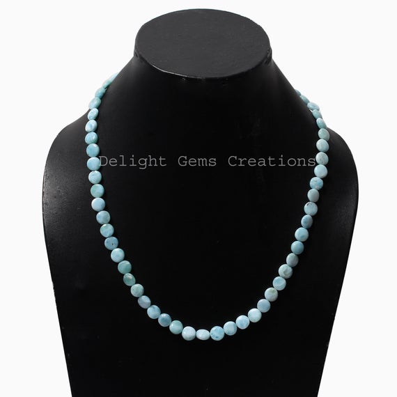 Natural Larimar Beaded Necklace, Larimar Smooth Coin Beads Necklace, 7-7.5mm Larimar Round Beads Necklace, Bridesmaids Gift,women's Necklace