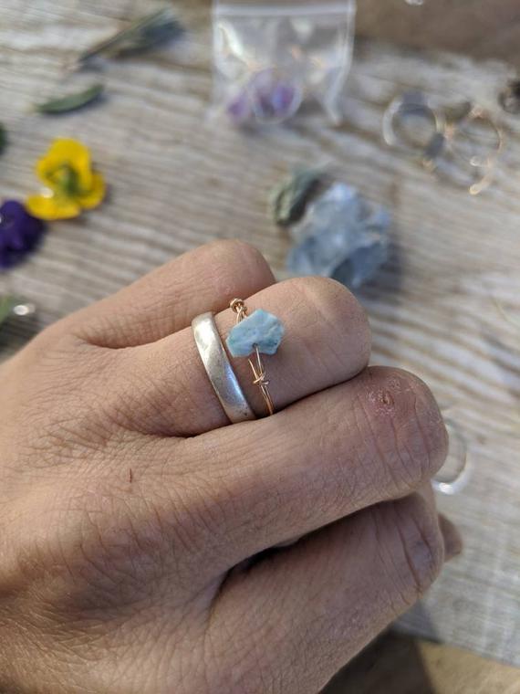 Raw Rough Larimar Chunk Ring, Natural Larimar Ring, Larimar Crystal Ring, Larimar Stone, Crystal Ring Bronze, Sterling Silver Larimar Ring